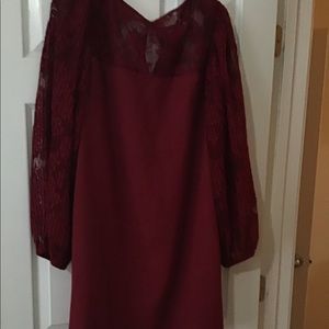 Burgundy shift dress with lace blouson sleeves